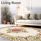 Ornate Pink Floral Gold Scroll Border Rug