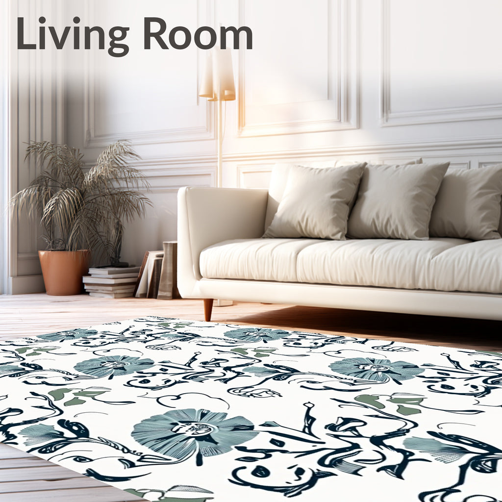 Textured Teal and Navy Floral Swirl Rug