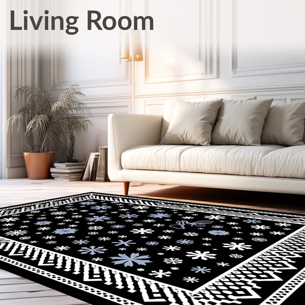 Winter Snowflake Black Blue Geometric Rug