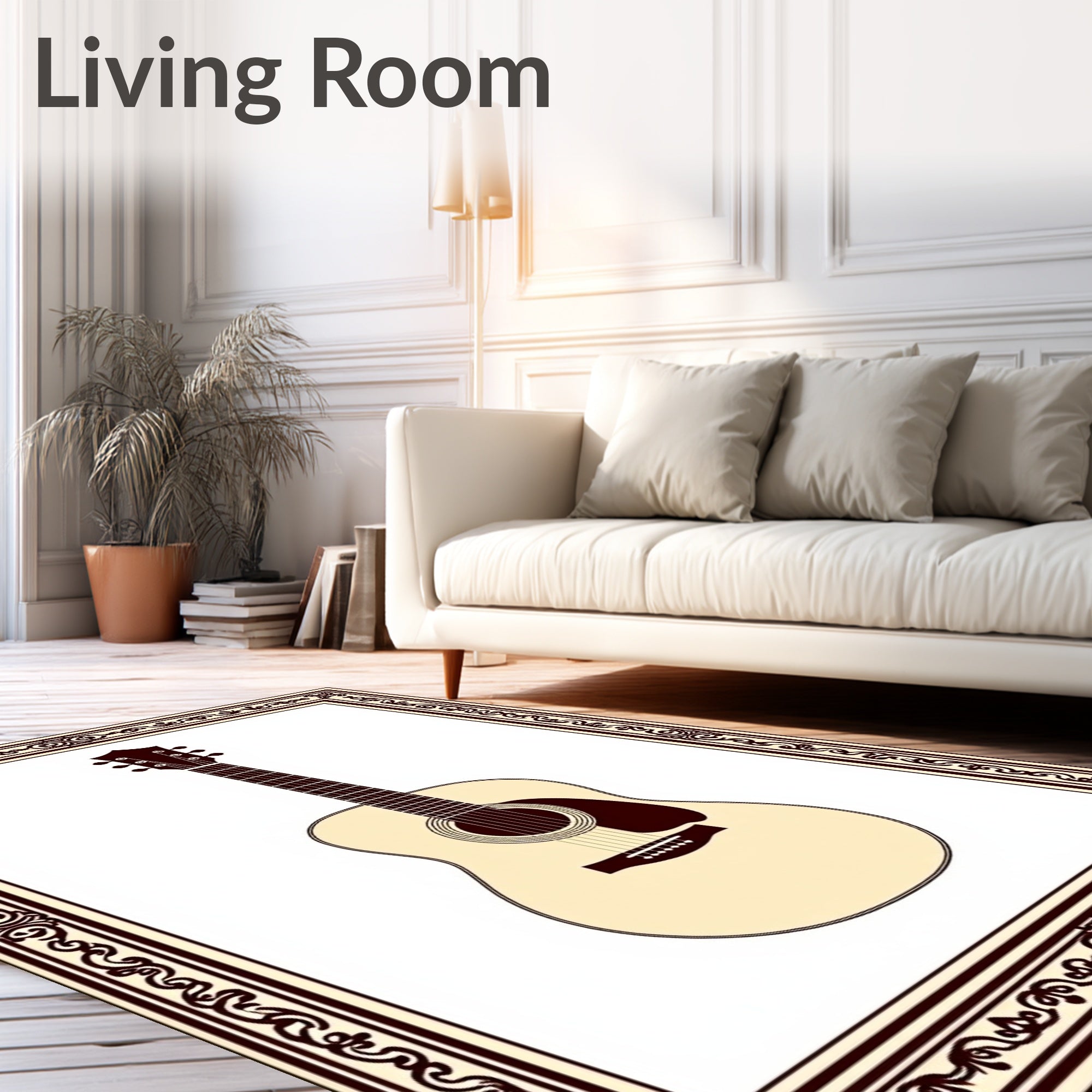 Classic Acoustic Guitar Ivory Red Border Rug