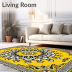 Yellow Black White Medallion Border Rug