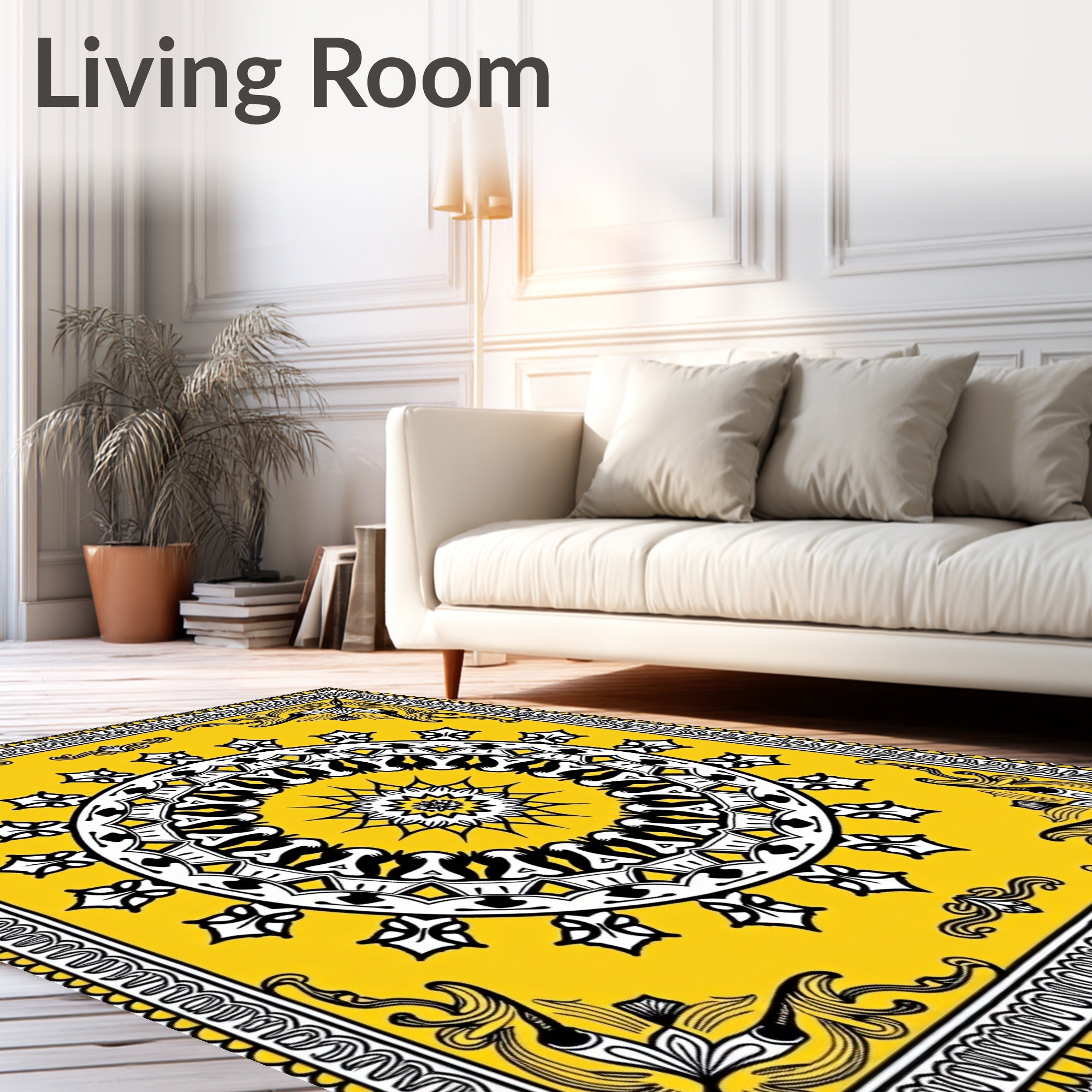Yellow Black White Medallion Border Rug