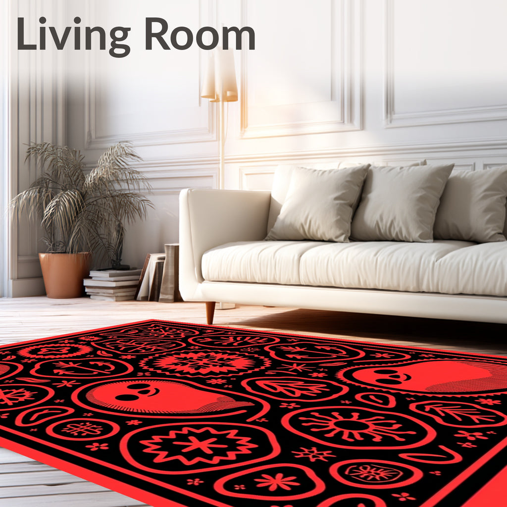 Bold Red Folk Art Creatures Rug