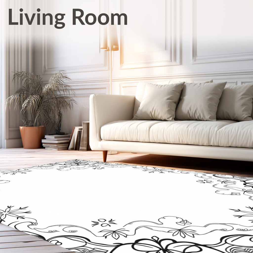 Whimsical Black White Floral Scrollwork Rug