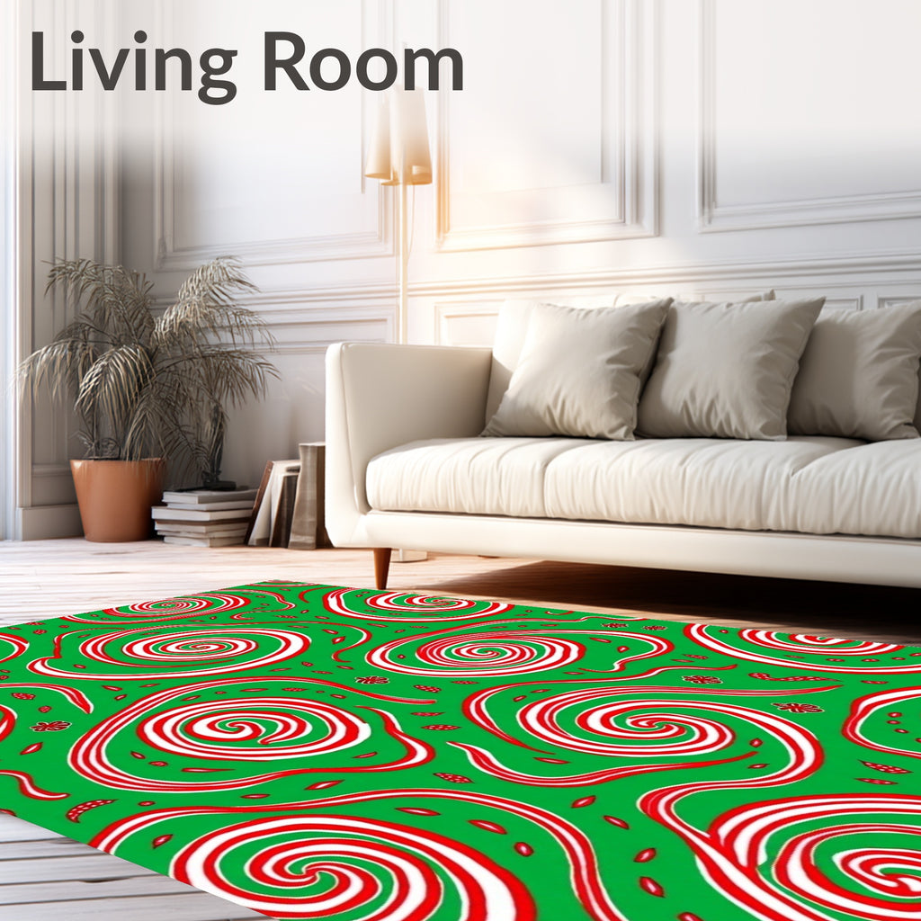 Whimsical Red White Swirls Green Background Rug