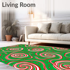 Whimsical Red White Swirls Green Background Rug