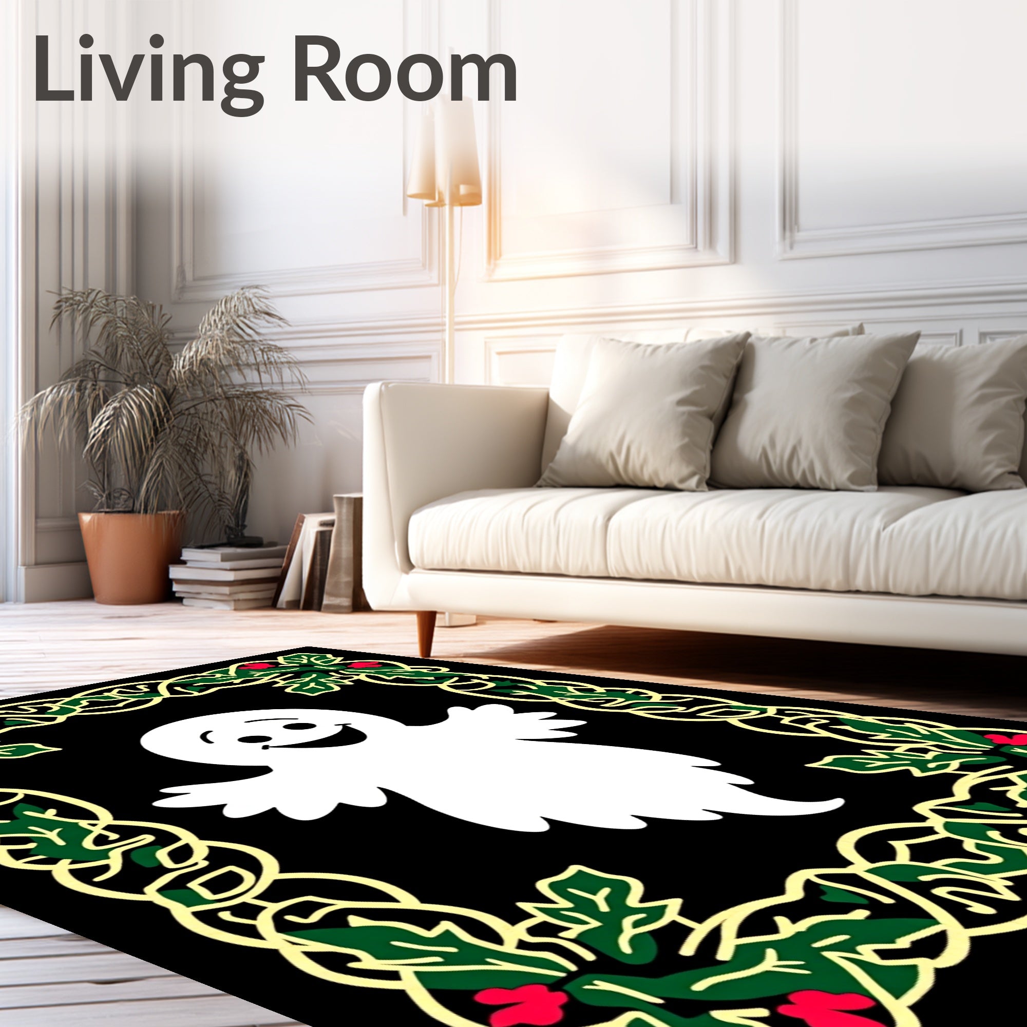 Whimsical White Ghost Holly Border Rug