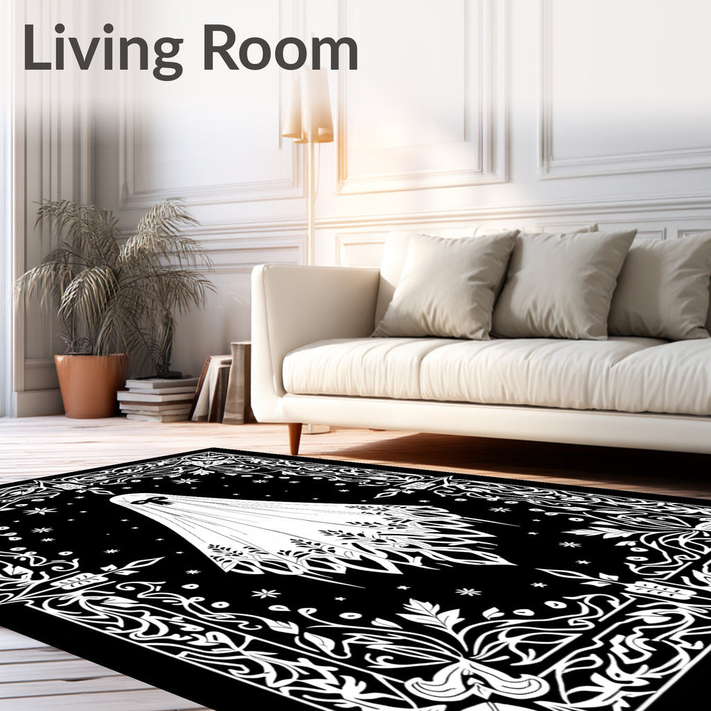 Spooky Ghost Black White Floral Frame Rug