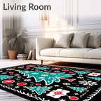 Teal Christmas Trees Red Ornaments Black Rug