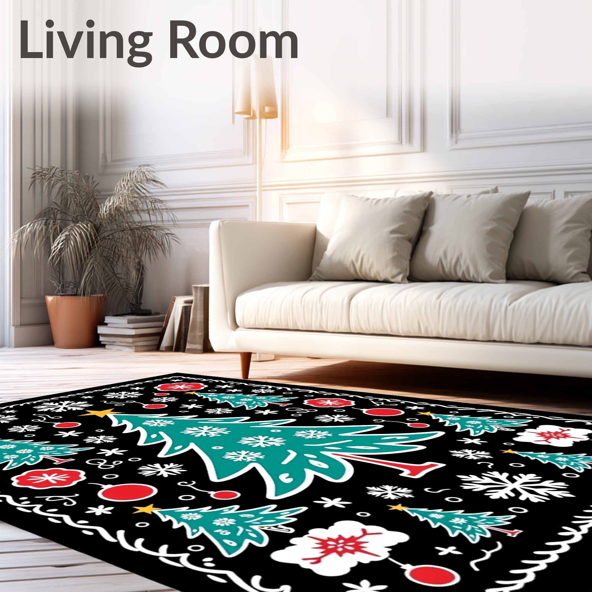 Teal Christmas Trees Red Ornaments Black Rug