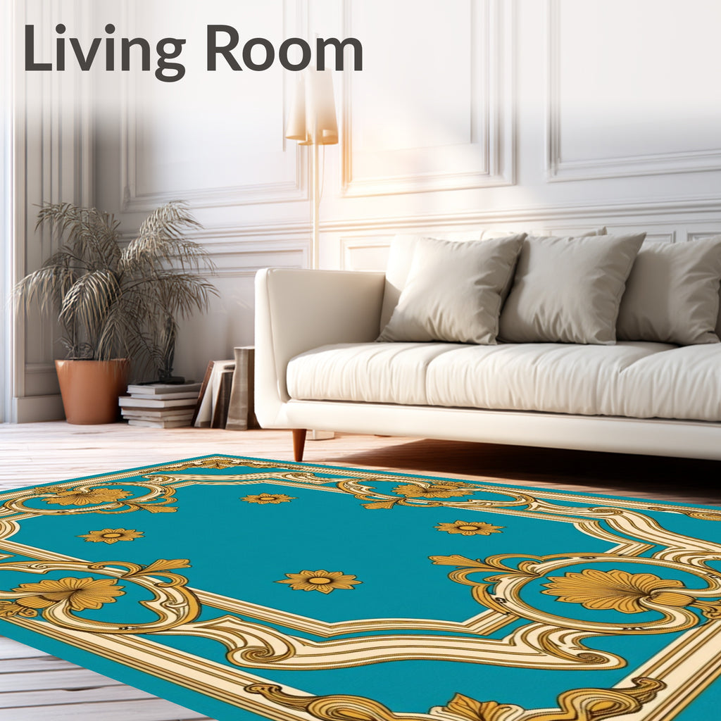 Ornate Turquoise Golden Floral Frame Rug