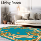 Ornate Turquoise Golden Floral Frame Rug