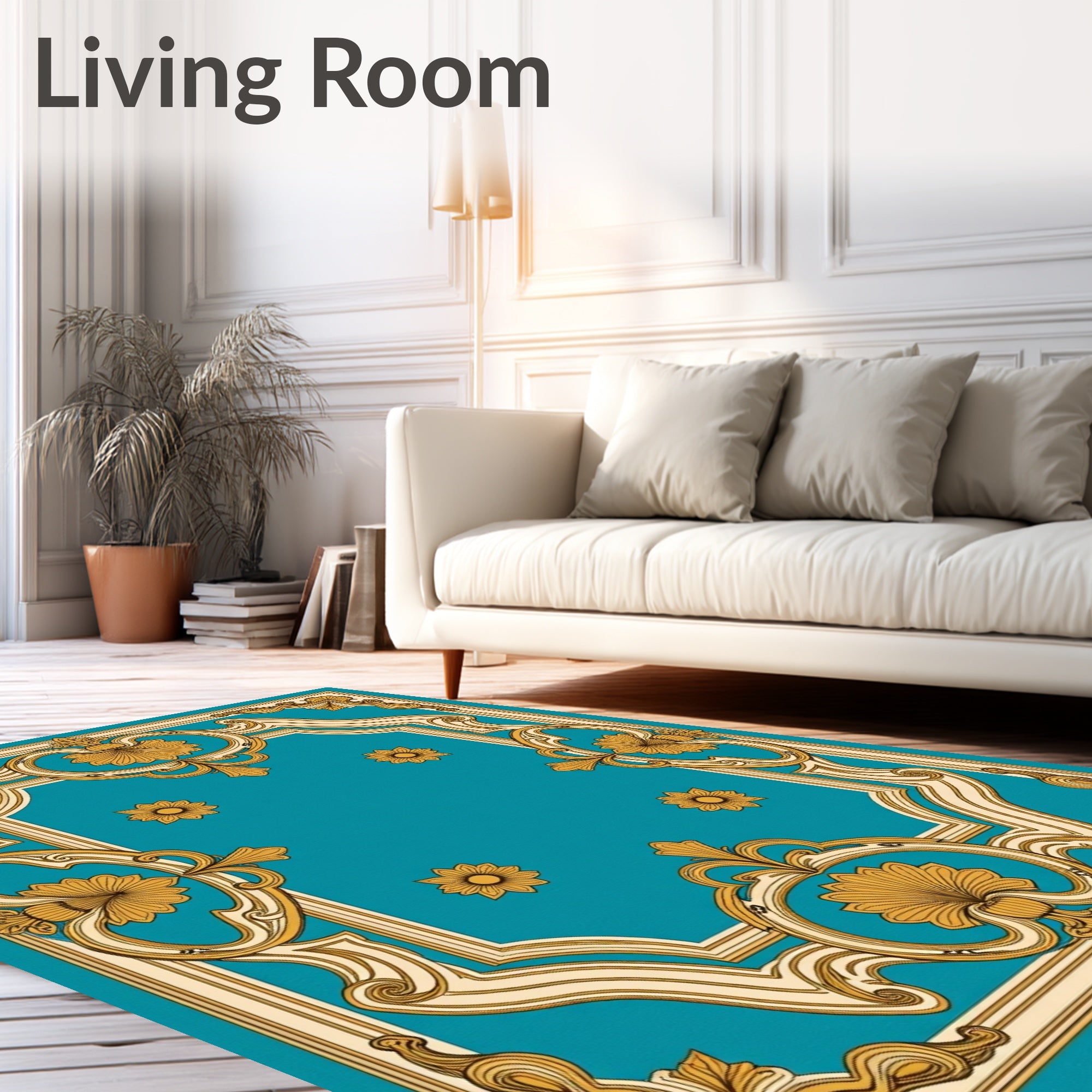 Ornate Turquoise Golden Floral Frame Rug