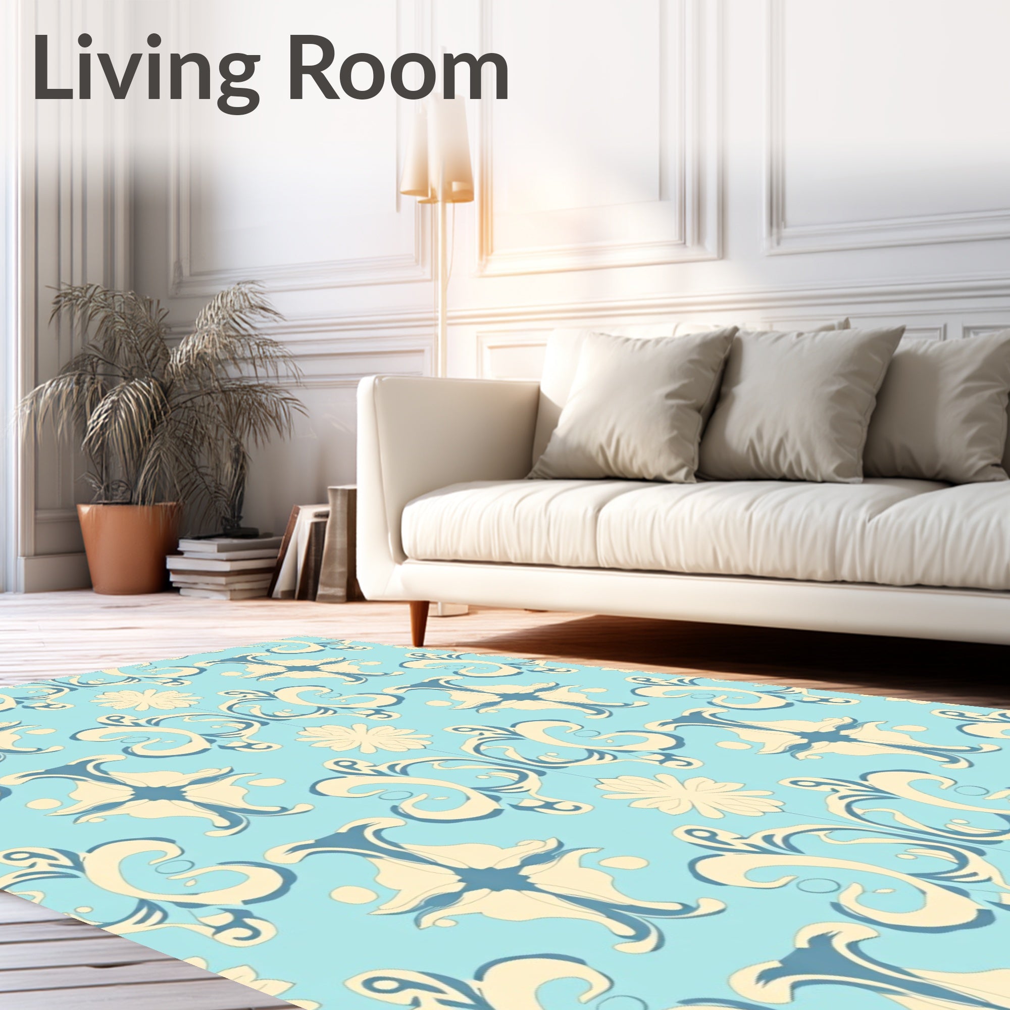 Aqua Beige Floral Scroll Arrangement Rug