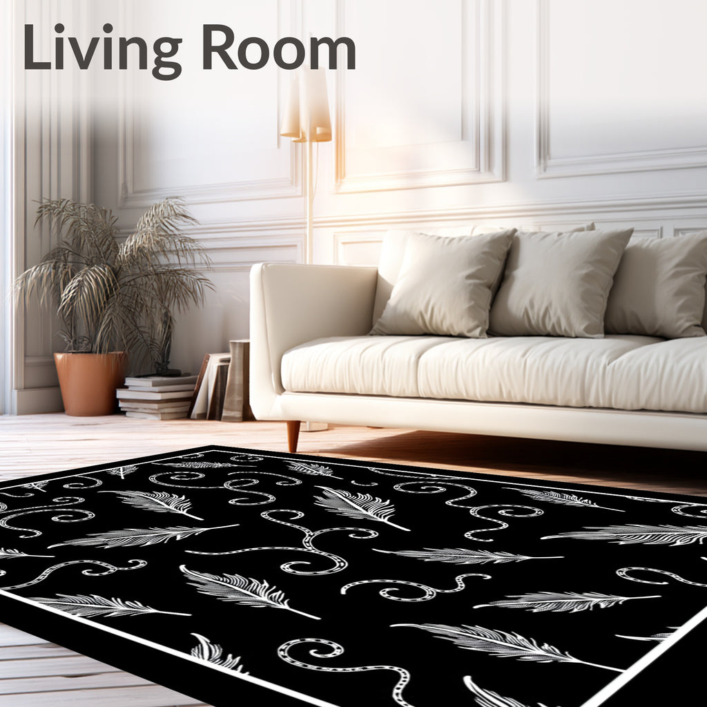 Black White Feather Swirls Collage Rug
