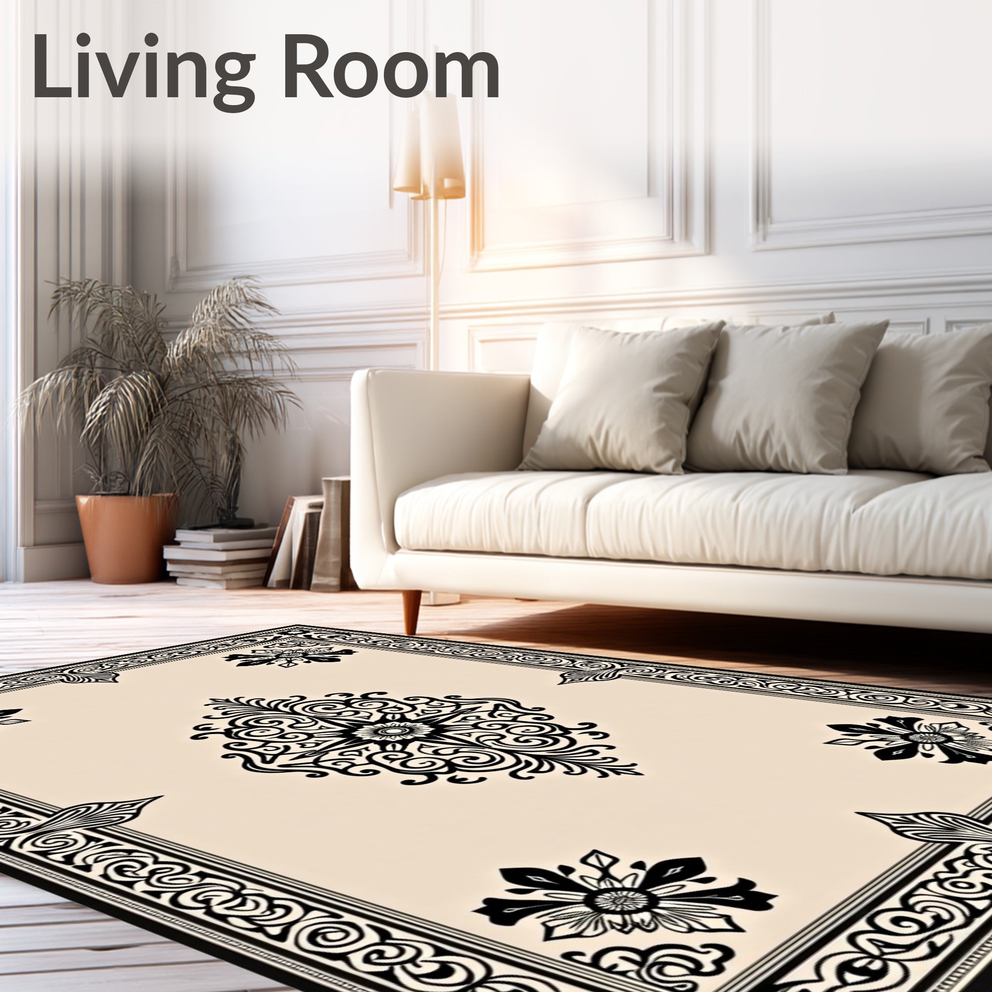 Elegant Black and Cream Damask Rug