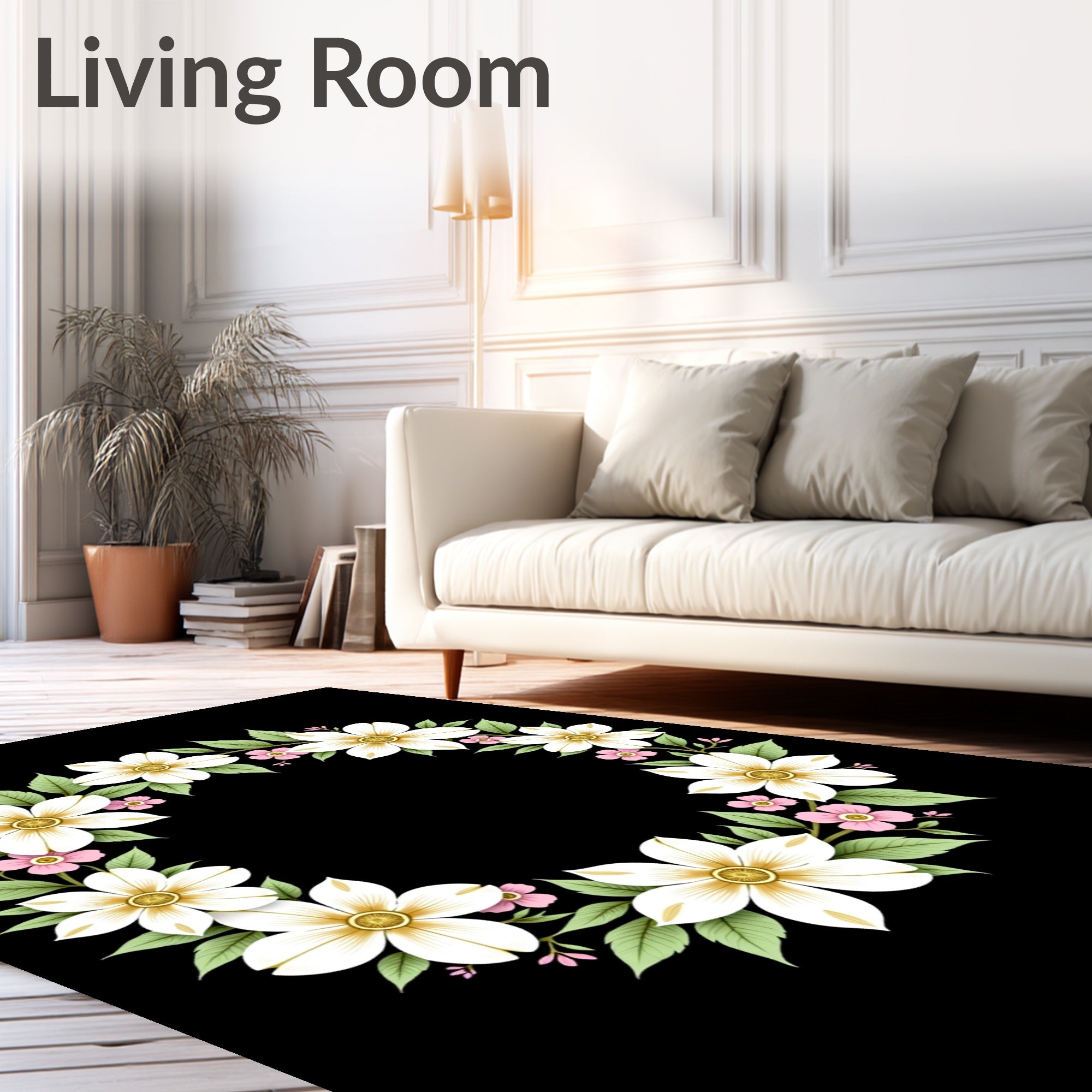 Large White Pink Floral Garland Rug