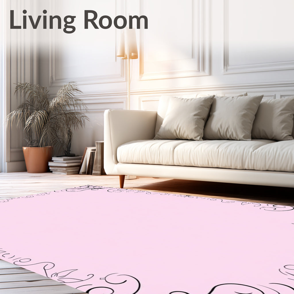 Soft Pink Floral Scrollwork Frame Rug