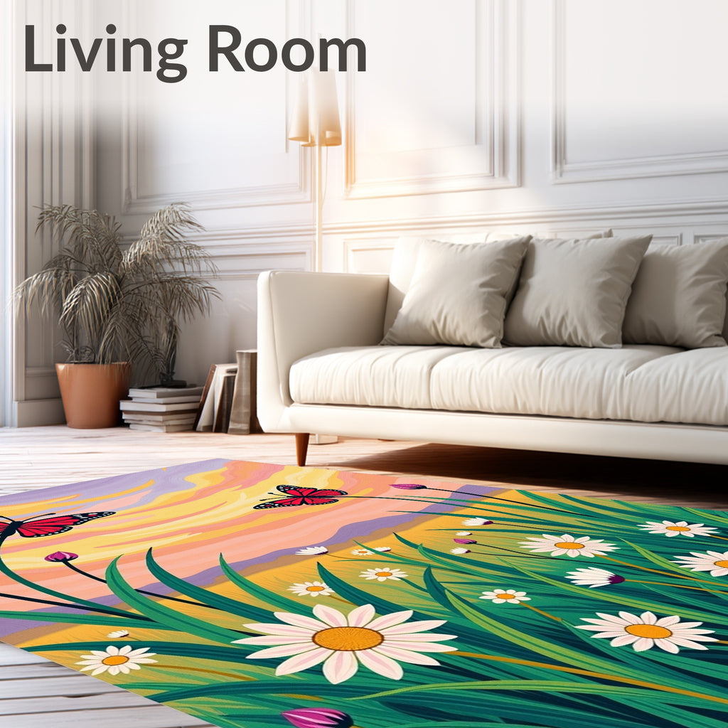 Crimson Butterflies Amidst Daisy Meadow Rug