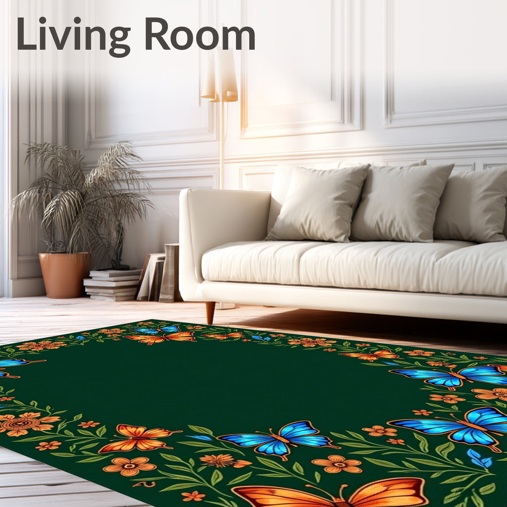 Emerald Green Butterfly Floral Wreath Rug
