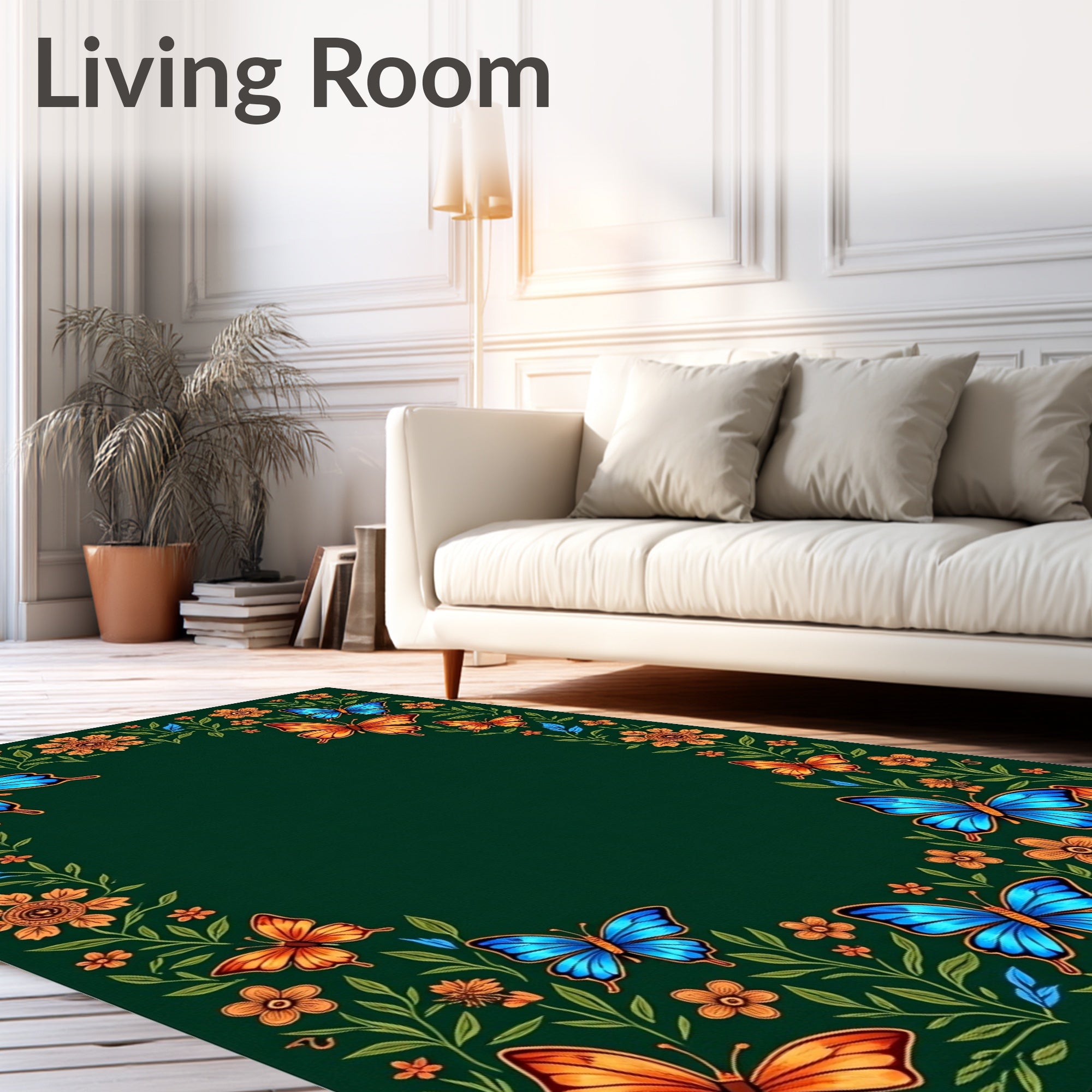 Emerald Green Butterfly Floral Wreath Rug