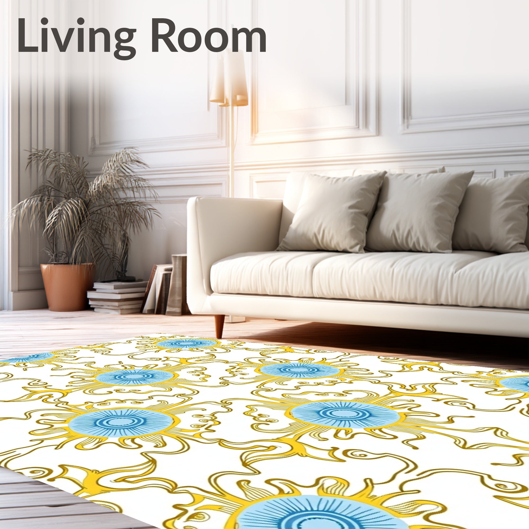Golden Blue Sunburst Medallion Art Nouveau Rug