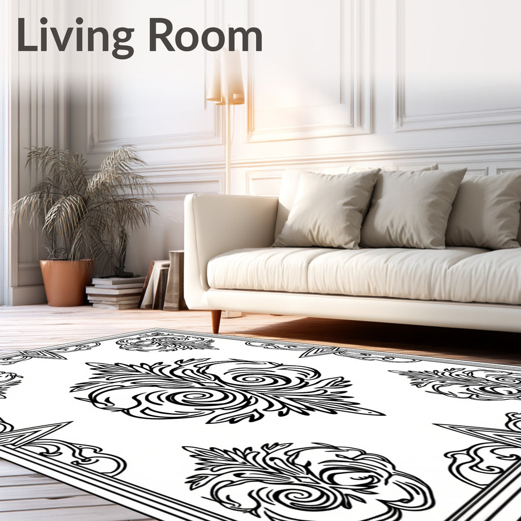 Black White Ornate Floral Crest Rug