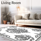 Black White Ornate Floral Crest Rug