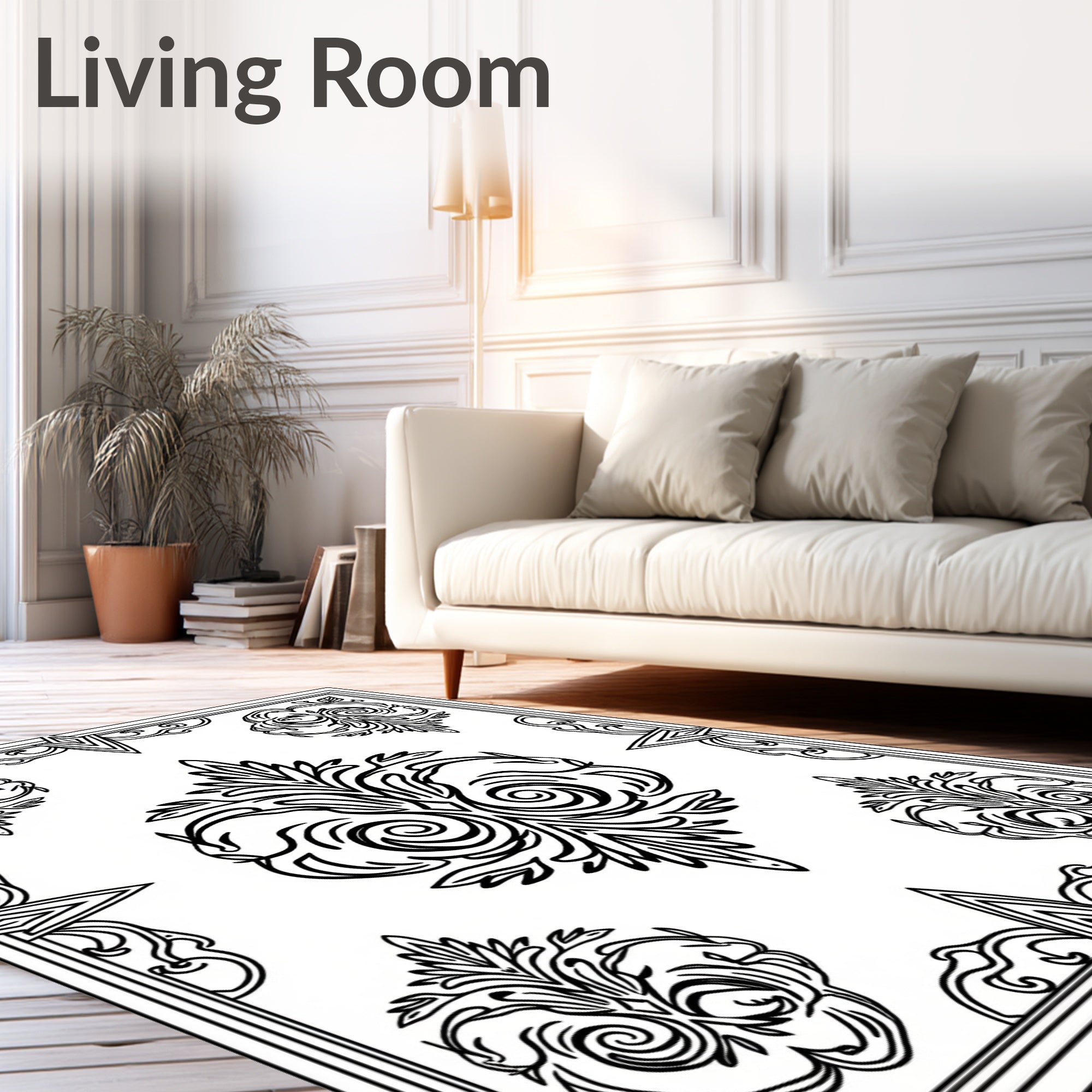 Black White Ornate Floral Crest Rug