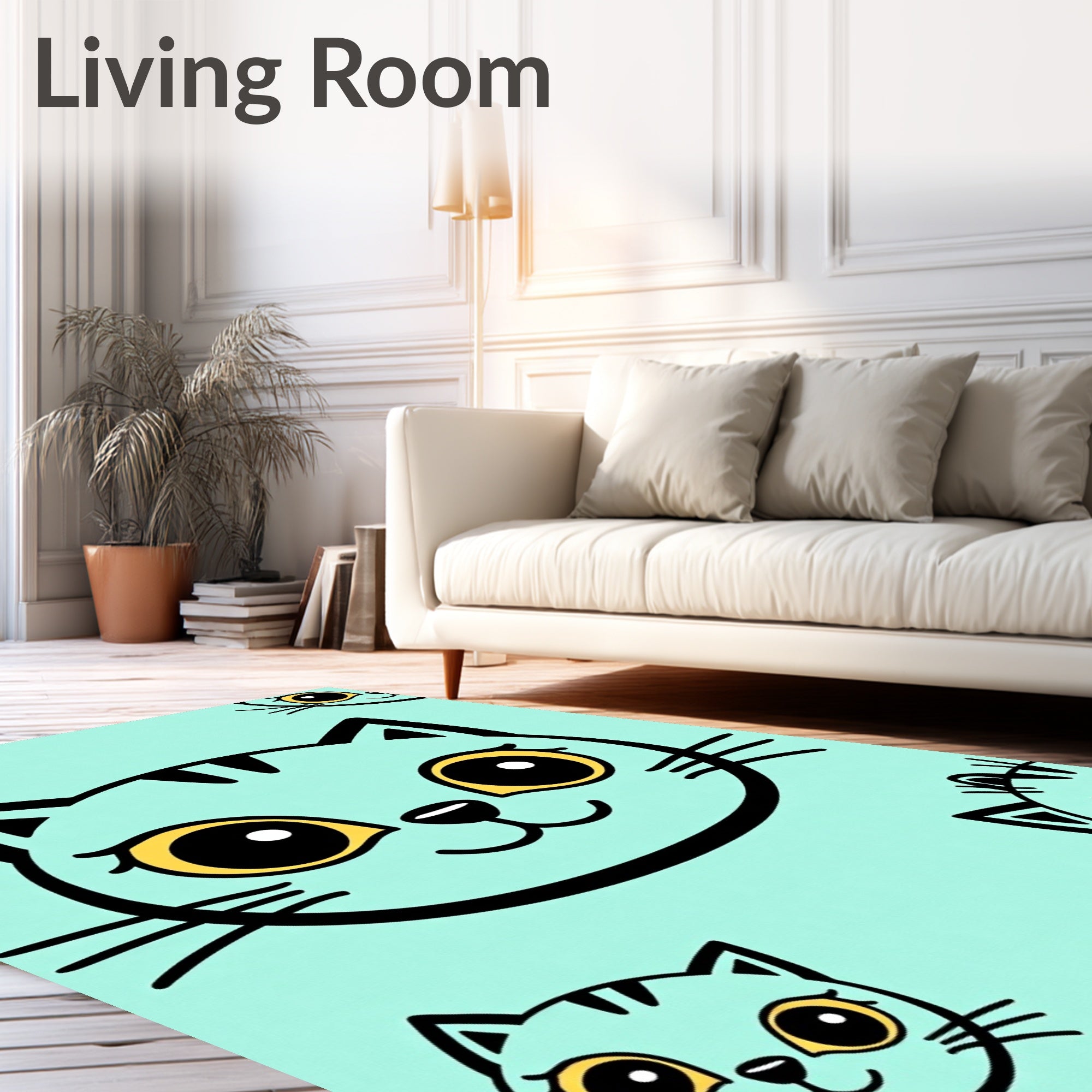 Whimsical Teal Cat Faces Rug