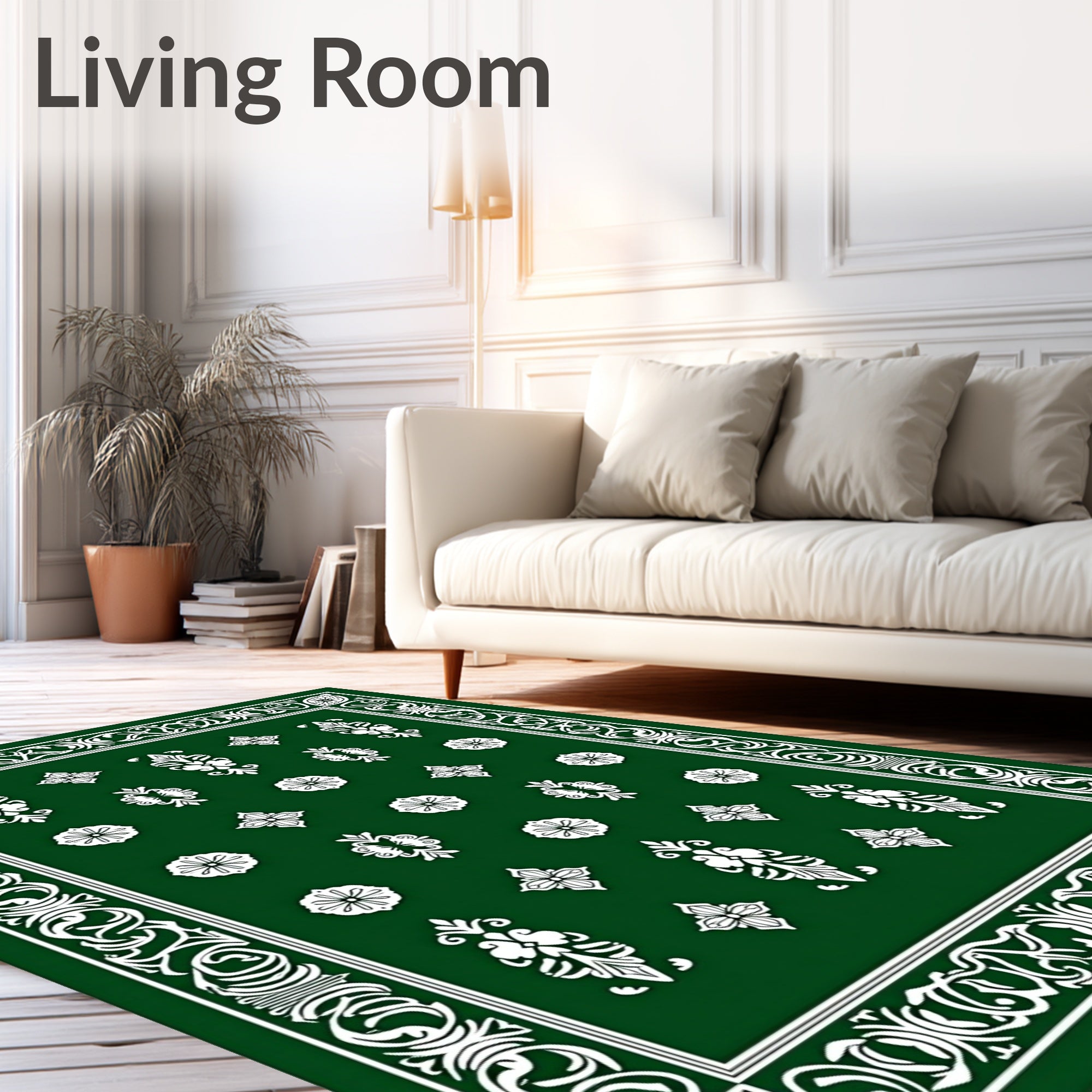 Classic Green White Floral Medallion Rug