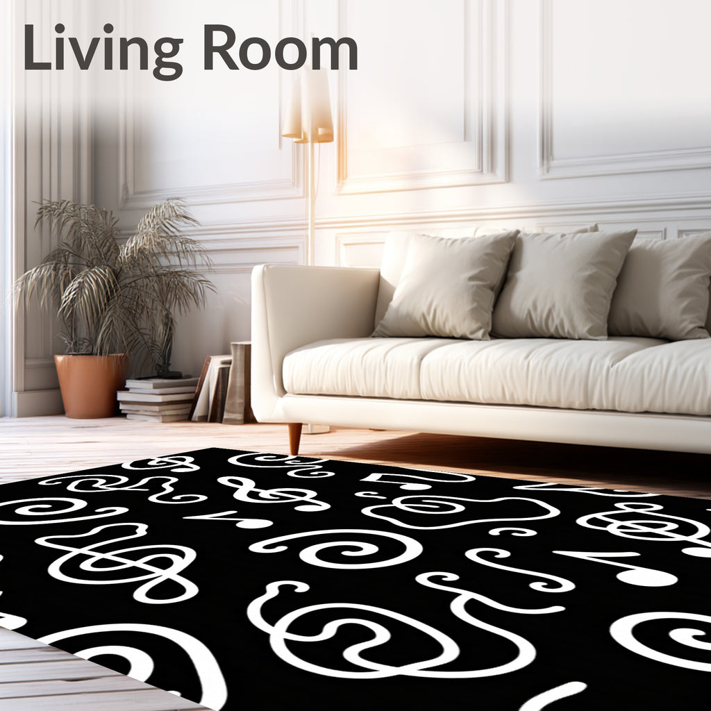 Black White Musical Notes Swirl Rug