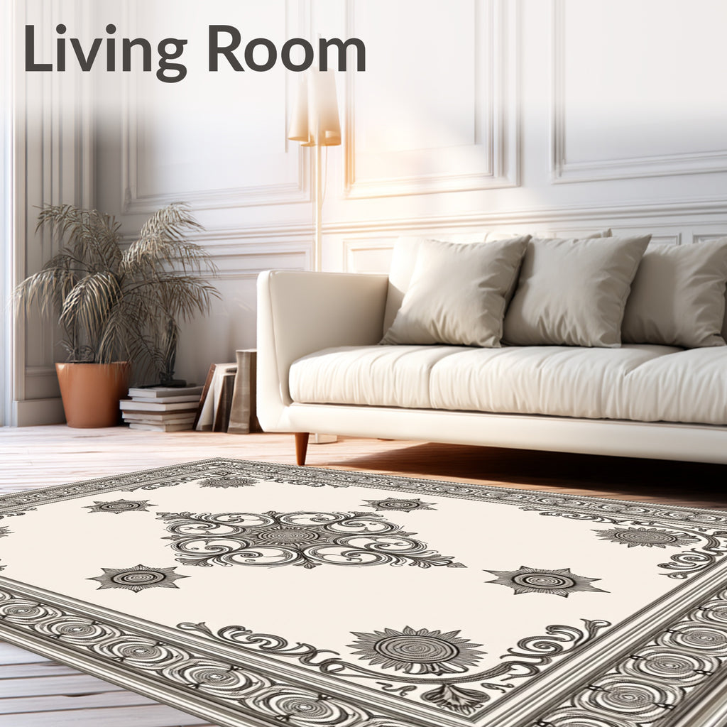 Ornate Black and Cream Scrollwork Medallion Rug