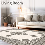 Ornate Black and Cream Scrollwork Medallion Rug