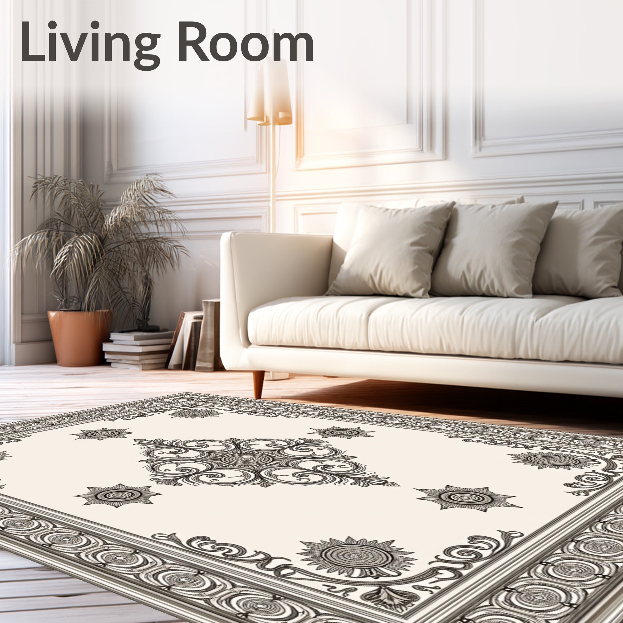 Ornate Black and Cream Scrollwork Medallion Rug