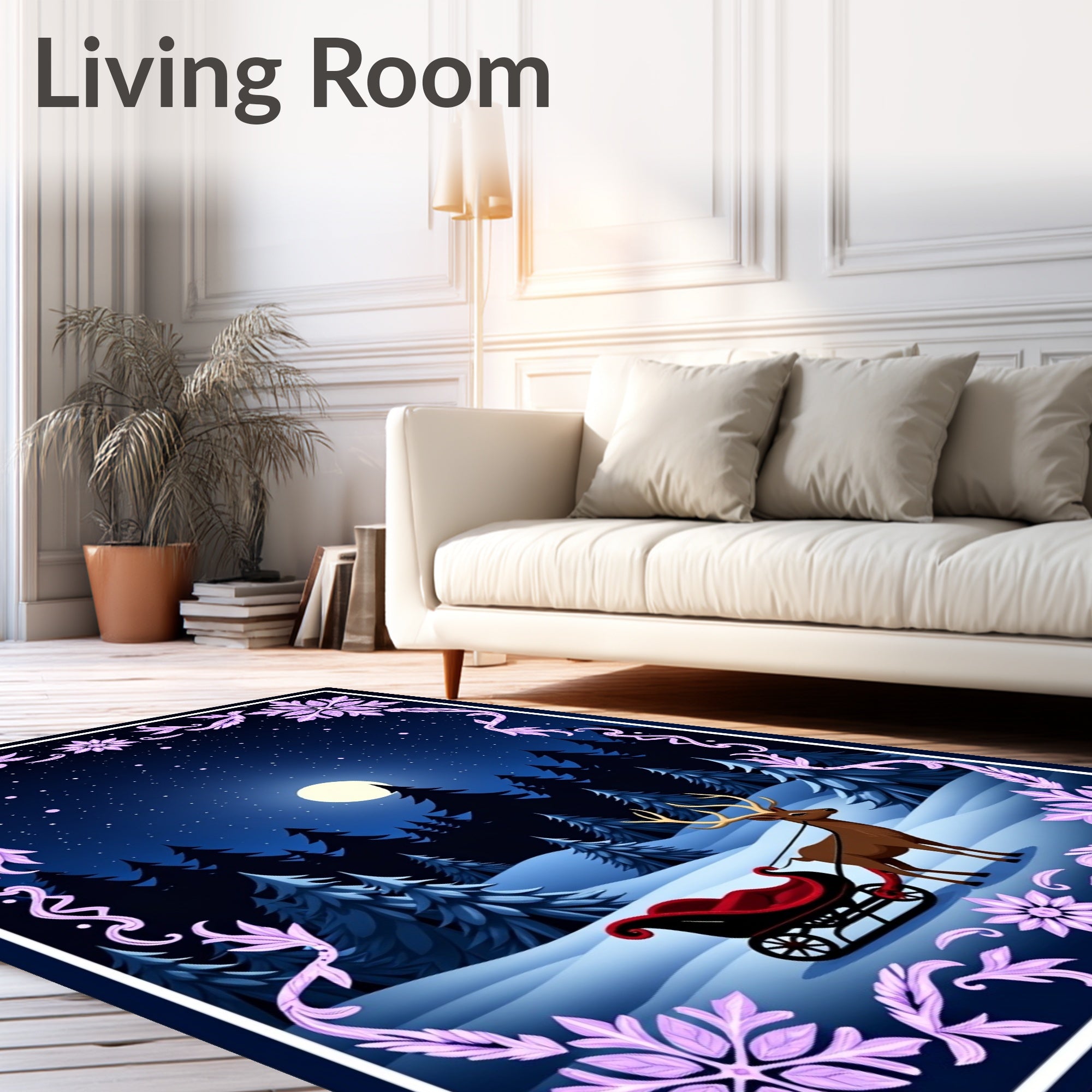 Winter Night Deer Sleigh Serene Landscape Rug