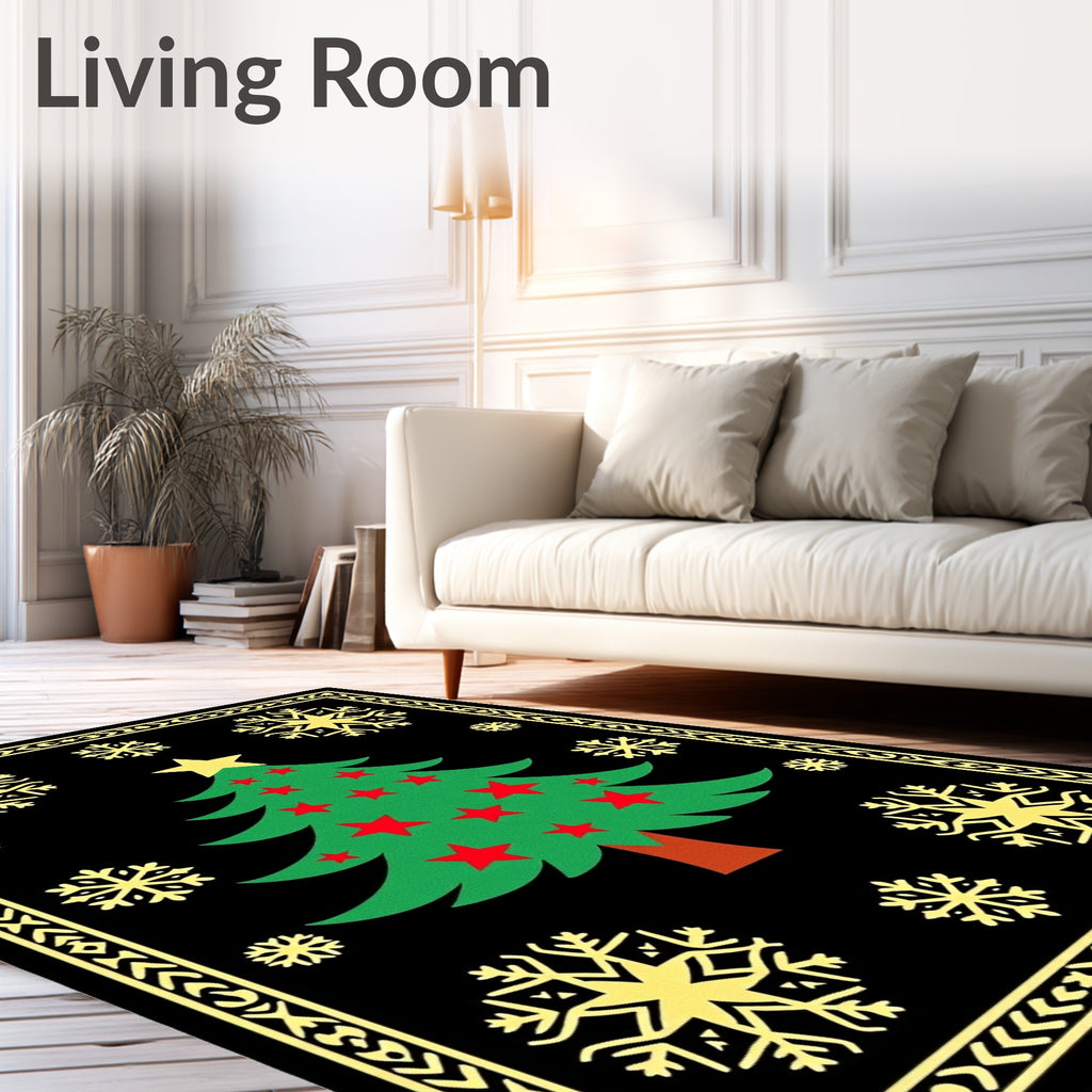 Festive Black Green Starry Snowflake Tree Rug