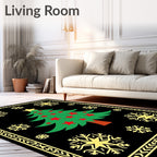 Festive Black Green Starry Snowflake Tree Rug