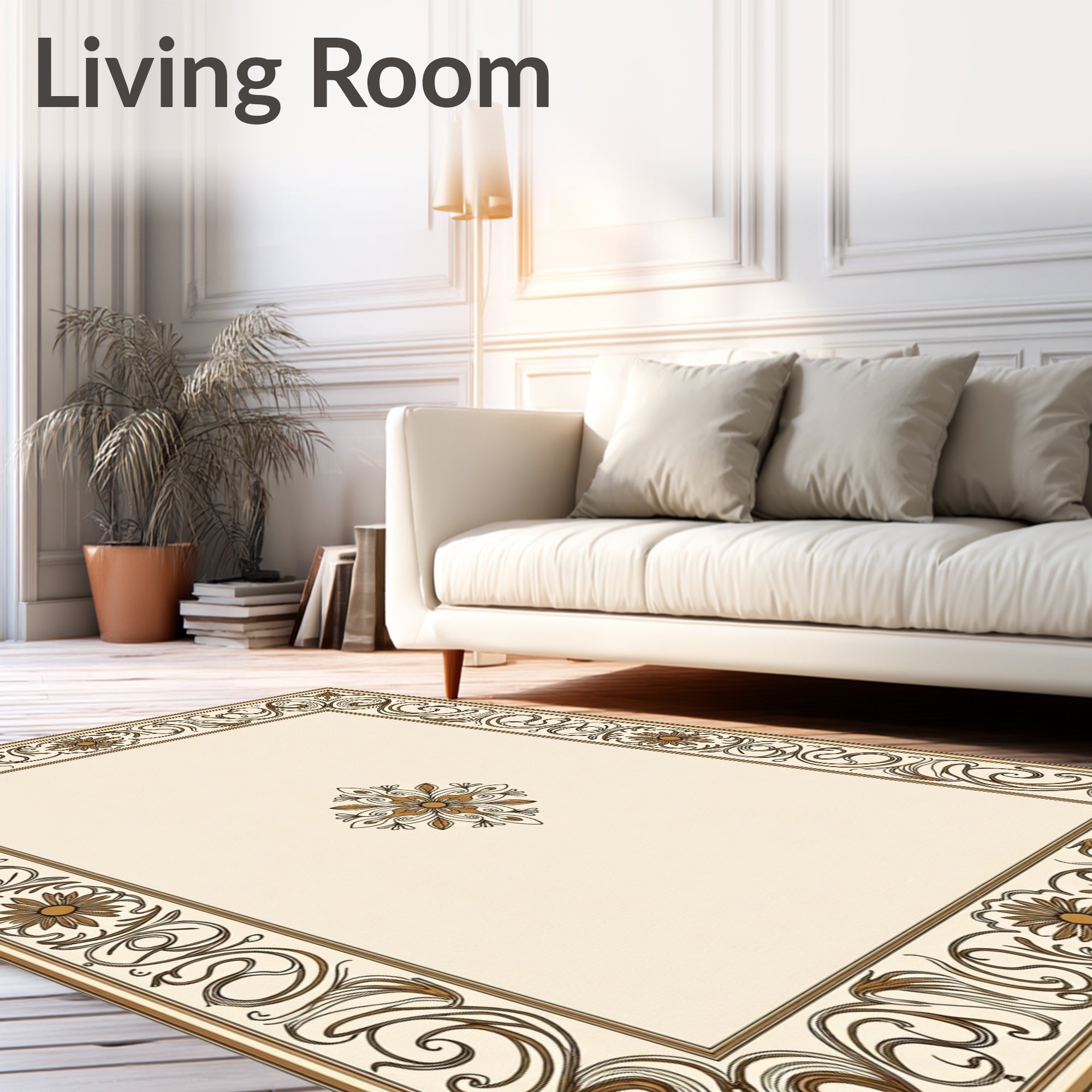 Elegant Gold Cream Floral Border Rug