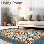 Deep Blue Brown Floral Scroll Medallion Rug