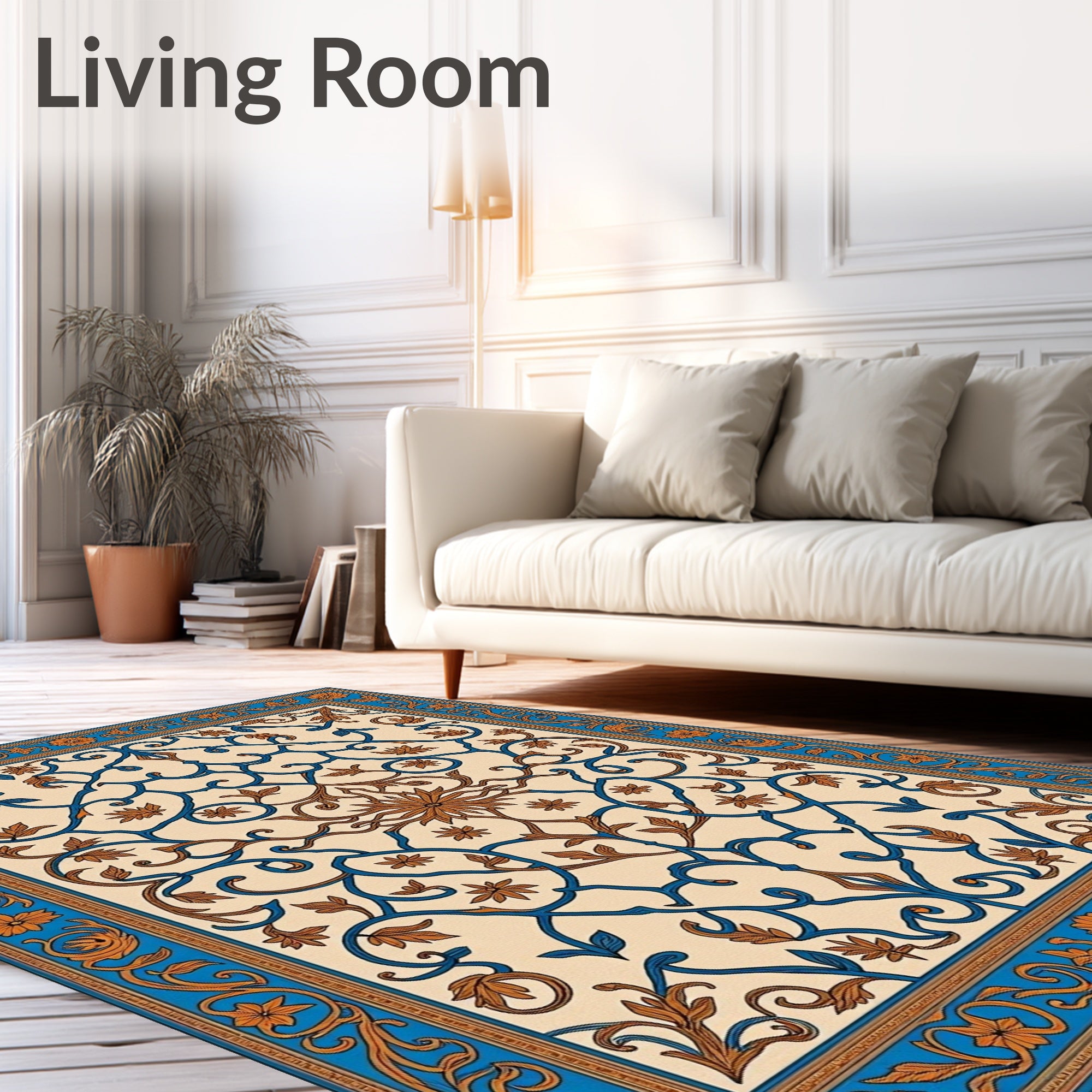 Deep Blue Brown Floral Scroll Medallion Rug