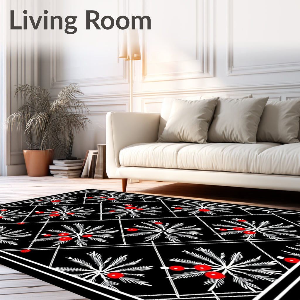 Black White Red Berry Laurel Frame Rug