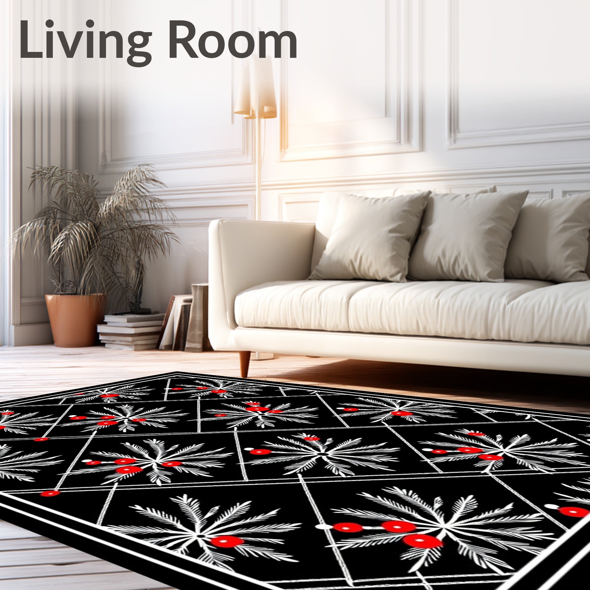 Black White Red Berry Laurel Frame Rug