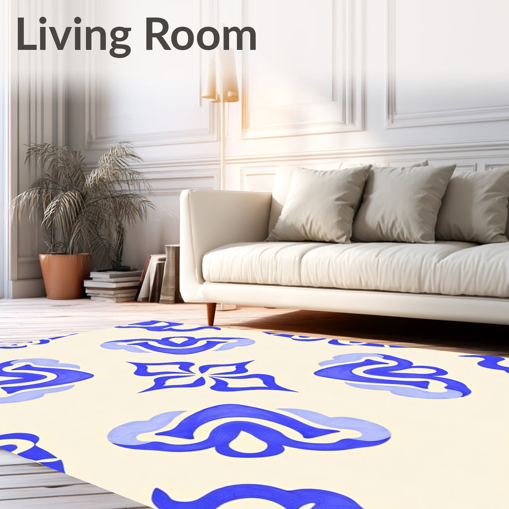 Abstract Blue Swirls on Cream Rug