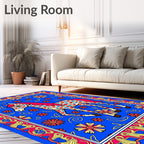 Bright Blue Floral Horse Whimsical Border Rug