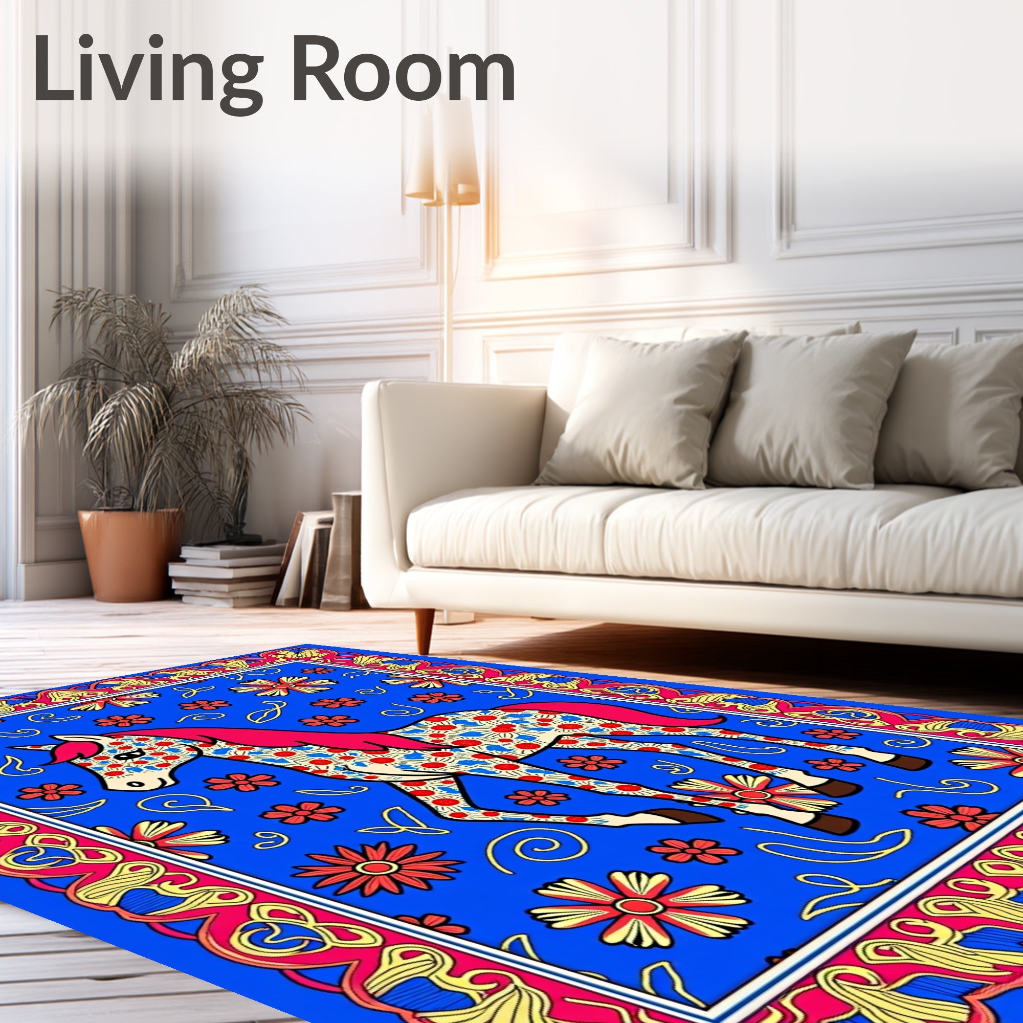 Bright Blue Floral Horse Whimsical Border Rug