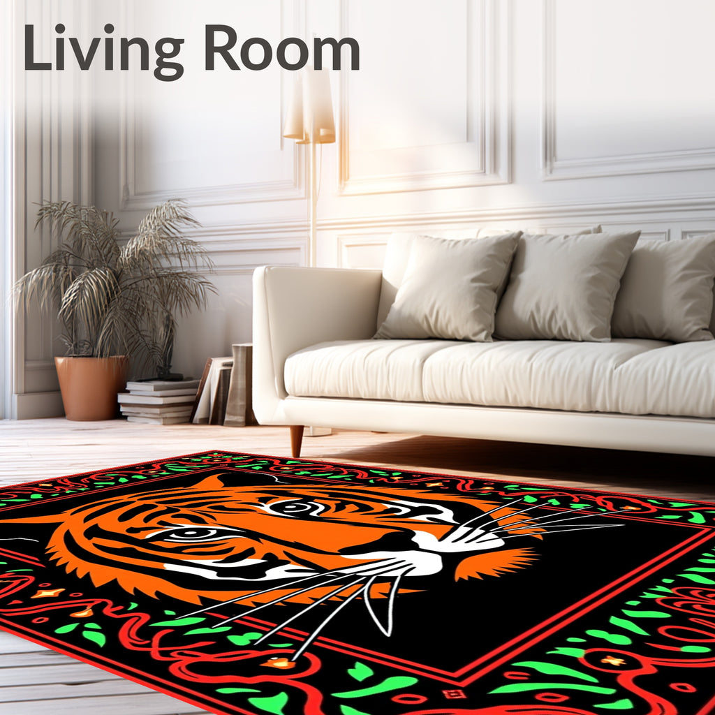 Bold Orange Tiger Face Bordered Rug