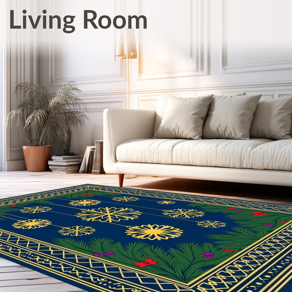 Festive Golden Snowflake Navy Christmas Rug