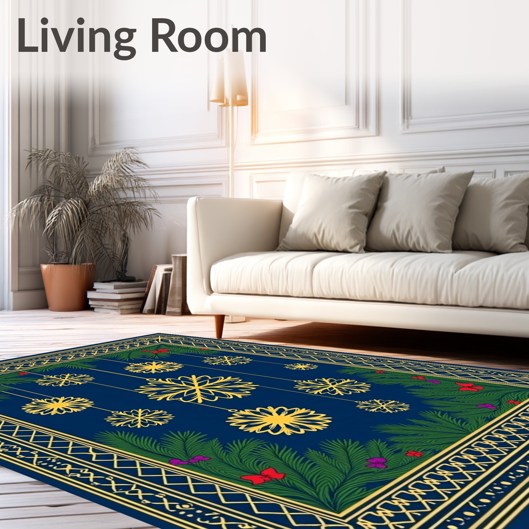Festive Golden Snowflake Navy Christmas Rug