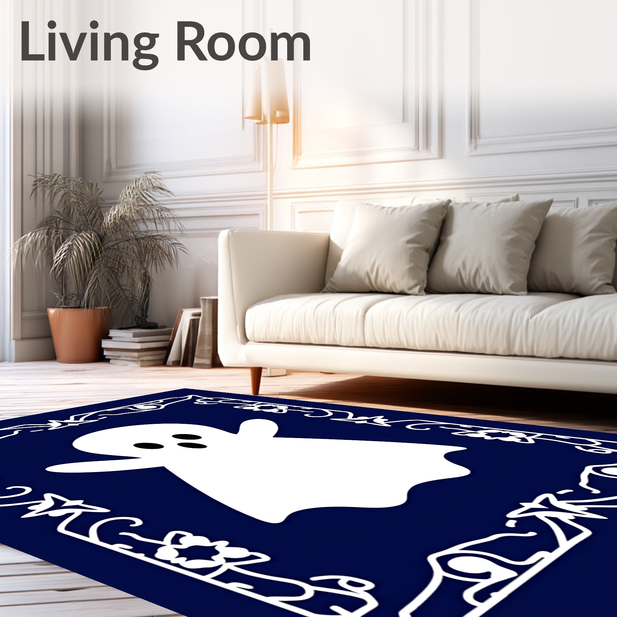 Playful White Ghost Ornate Border Rug